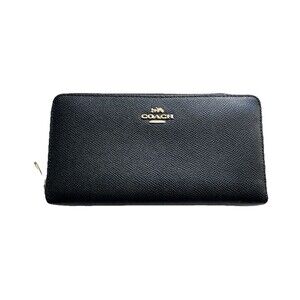 Coach Pebble Leather Zip Around Black Large Wallet Logo